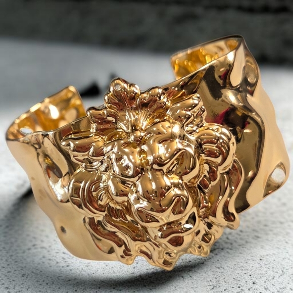 Designer Jewelry - Royal Regal Lion Gold Plated Hammered Cuff Bracelet